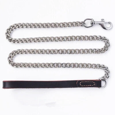 Heavy Stainless Steel Curb Chain Walk Training Pet Leather Handle Dog Leash Lead - Image 1 of 4