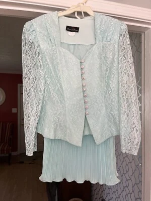 Blazer Chaqueta Encaje Falda Plisada Vintage Años 80 2 Piezas Azul Claro Talla 12 Foto 1 de 4