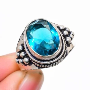 London Blue Topaz Gemstone Handmade 925 Sterling Silver Jewelry Ring Size 8.5 - Picture 1 of 1