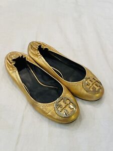 Tory Burch Reva Crackled Metallic Ballerina Flat Gold Shoes Size 7 Leather