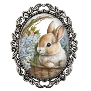 Spring Bunny Brooch Flower Basket & Bunny Rabbit Spring Time Jewelry Gift - Picture 1 of 5