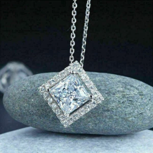 3Ct Princess Diamond VVS1 Halo Pendant Necklace 14K White Gold Over 18" in Chain - Picture 1 of 5