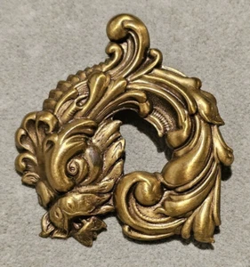 Ornate Dragon Koi Fish Pin Gothic Dolphin Brooch Brass Tone Asian - Picture 1 of 7