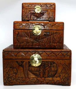Vintage Intricately Carved Chinese Camphor Wood Nesting Boxes, Set of 3, 11 1/2" - Picture 1 of 17
