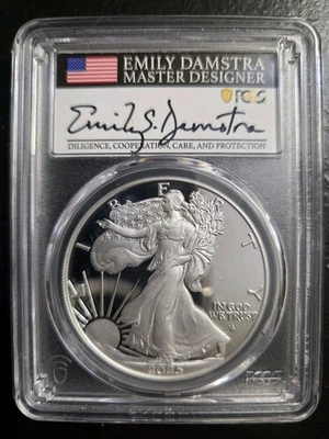 2025-S PROOF SILVER EAGLE PCGS PR70 DCAM ADVANCED RELEASE EMILY DAMSTRA SIGNED  - Image 1 of 4