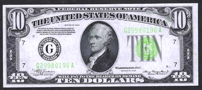 1934 $10 FEDERAL RESERVE CHIGAGO ** LIGHT GREEN SEAL ** GEM CRISP UNCIRCULATED - Image 1 of 2