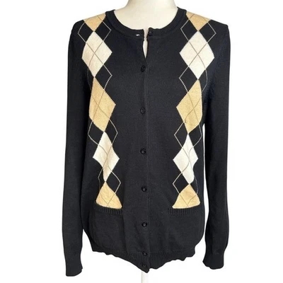 Cárdigan para mujer IZOD GOLF negro patrón argyle abotonado manga larga talla L Foto 1 de 4