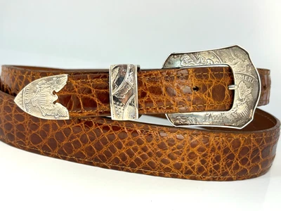 Sterling Silver 925 Silver Dollar Coin Ranger Belt Buckle 42 Genuine Alligator - Image 1 of 4