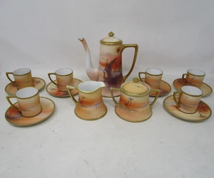 Juego de tetera crema azúcar Nippon Demitasse pintada a mano 6 tazas y platillos - Imagen 1 de 12