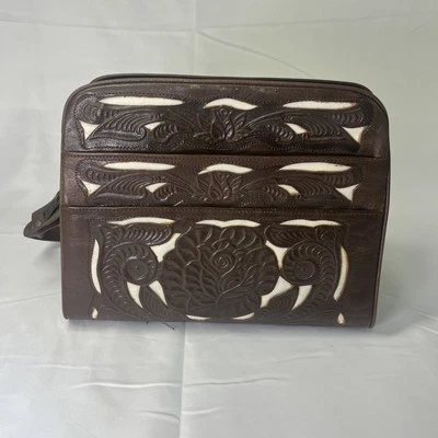 Vintage Handtooled Boho Mexican Brown/Ivory Leather Shoulderbag Purse 12x9x6" - Image 1 of 4