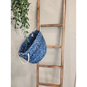 Handmade Blue Basket, Decorative Crocheted Hanging Storage Basket - Picture 1 of 8