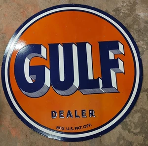 Gulf Dealer Gasoline  Porcelain Enamal Heavy Metal Double Side - Picture 1 of 2