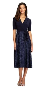 Alex Evenings Navy Tea-Length Soutache Sequined Dress Tie Belt Size 8 Party - Picture 1 of 11