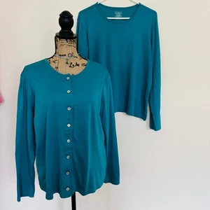 L.L. Bean Supima Cotton Button Cardigan Teal & Long Sleeve Crewneck T Shirt XL - Picture 1 of 8
