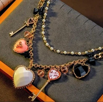 Betsey Johnson Heart And Key Charms Necklace 2 Strands - Image 1 of 4