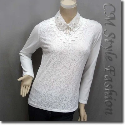 Blusa Top de Encaje Doble Capa Cuentas Cuello Lentejuelas Blanco M Foto 1 de 4