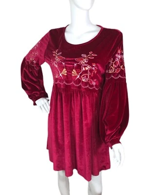 VELZERA Large (LG) Artsy Boho Dress Tunic Top Velvet Embroidered Billowy Sleeves Foto 1 de 4