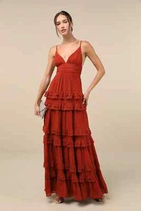 NWT Lulu’s Lavish Perfection Rust Orange Ruffled Tiered Maxi Dress in XS - Picture 1 of 7
