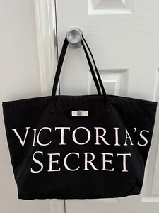 Victoria's Secret Black Canvas Tote Bag Carry All Open Double Handles Bow Logo - Picture 1 of 21