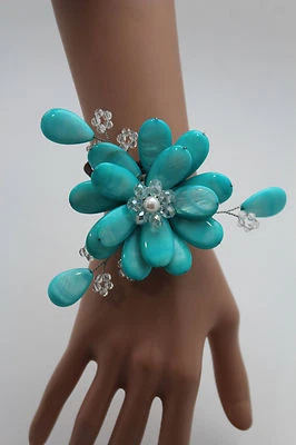 Nuevo Brazalete Mujer Azul Turquesa Cuentas Flor Elástico Puño Banda Moda Joyería Foto 1 de 4