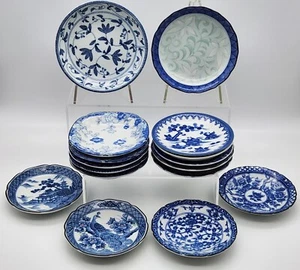 Japanese Blue & White Pin Dish Lot (16) Peacock Landscape Floral Made In Japan - Picture 1 of 13