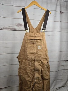 Carhartt R41 Duck Zip-to-Thigh Bib Men's Overall Quilt, 38 x 34 Brown Ripped #B1 - Picture 1 of 13