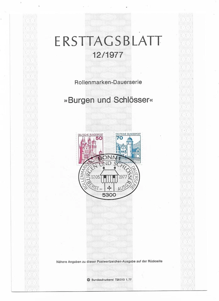 Germany 1st Day stamp sheet 1977 Castles & Palaces (12/1977) - Image 1 of 1