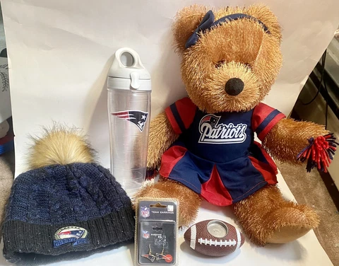 Lot Of New England Patriots Fan Gear Plush Cheerleader NFL Football Earrings Har Cover
