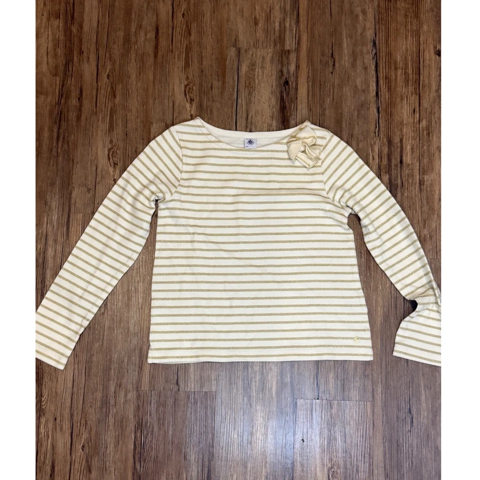 Top Petit Bateau Niñas 10A Crema Dorado Rayas Manga Larga Lazo Navidad Elegante Foto 1 de 4