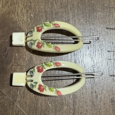 "2 pasadores de pelo deslizables de colección años 70 ovalados color crema diseño de transferencia de flores 2,5"" en muy buena condición" Foto 1 de 4