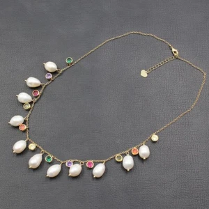 Freshwater Cultured White Rice Pearl Multi Color CZ Pave Chain Necklace 18" - Picture 1 of 8