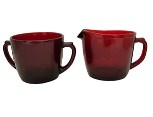 Anchor Hocking Sugar Bowl and Creamer Royal Ruby Glass Vintage Handles - Picture 1 of 17
