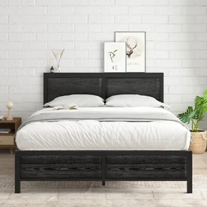 Twin Full Queen Size Metal Bed Frame Platform with Wooden Headboard Footboard - Picture 1 of 41