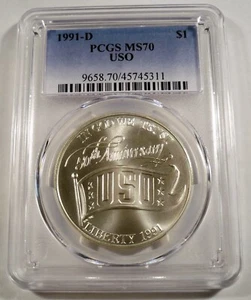 1991-D PCGS MS70 SILVER DOLLAR USO 50th ANNIVERSARY MS 70 COMMEMORATIVE BU S$1 - Picture 1 of 4