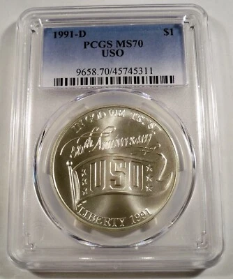 1991-D PCGS MS70 SILVER DOLLAR USO 50th ANNIVERSARY MS 70 COMMEMORATIVE BU S$1 - Image 1 of 4