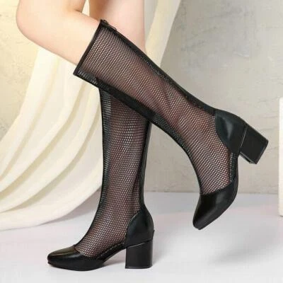 Women's Knee High Boots Breathable Back Zip Block Heel Mesh Sandals Dress Casual - Image 1 of 4