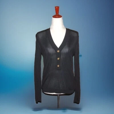 ST JOHN весна 22 женщин средний V шеи свитер золото кнопки 100% вискоза черный - Изображение 1 из 4