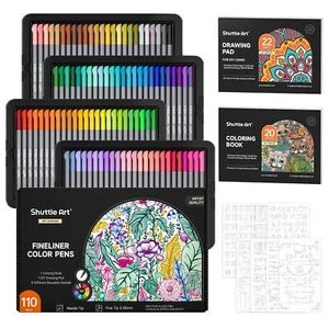 Fineliner Colored Pens, 100 Colors 0.4mm Fine Point Pens with Stencils & Adul... - Picture 1 of 7