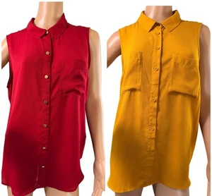 Damen ärmellose Button Down Bluse großer Kragen Oberteil rot senf leicht - Bild 1 von 18