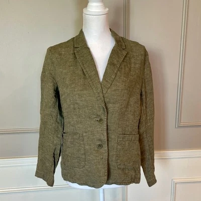 Eileen Fisher Petite Medium Khaki Gray Blazer 100% Organic Linen Office Casual - Image 1 of 4