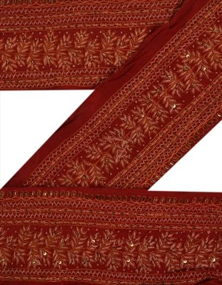 Sánskriti Vintage Indio 1 Yarda Sari Borde/Trim Rojo Oscuro Artesanal Encaje con Cuentas a Mano Foto 1 de 4