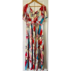 Colorful Abstract Print Summer Butterfly Flutter Sleeve Maxi Dress L - Picture 1 of 5