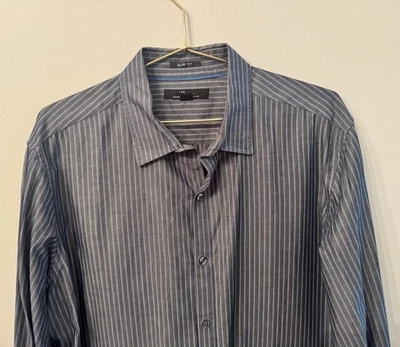 Marc Anthony Calce Ajustado Gris Oscuro Rayas Manga Larga Abotonable para Hombre Talla Grande Foto 1 de 4