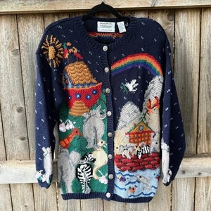 VTG Noah's Ark cardigan SWEATER northern isles SIGNATURES Size Medium hand knit - Picture 1 of 5