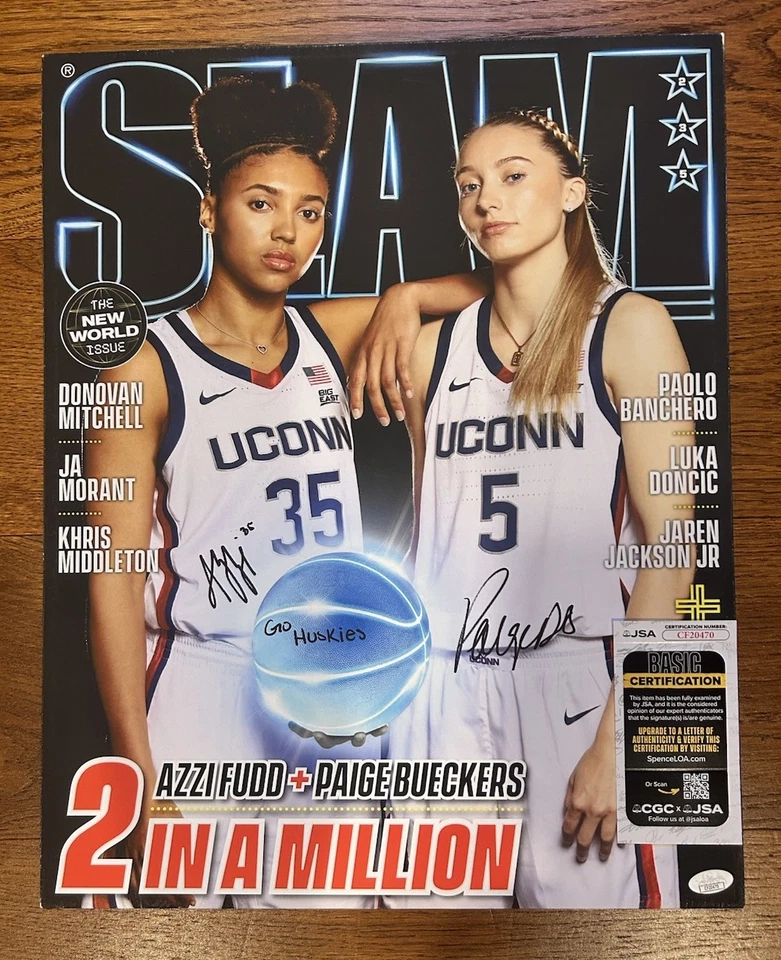 Paige Bueckers + Azzi Fudd Dual Signed 16x20 Canvas SLAM UConn JSA COA AUTO - Image 1 of 4