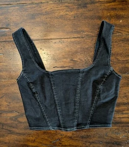 Topshop Denim Corset Crop Top Size 2 Washed Black Jean Y2K Bustier White Stitch  - Picture 1 of 10