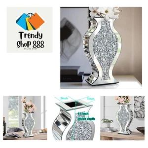 Crushed Diamond Mirror Vase Crystal Silver Glass Stunning Decorative Vase Flo... - Picture 1 of 8