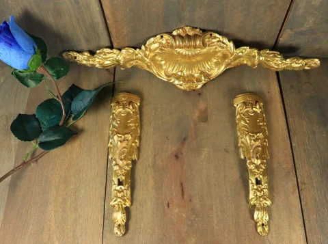 Antique French Overdoor Gilt Bronze Ornament Pediment Corner Louis XV Syle 3pc Cover