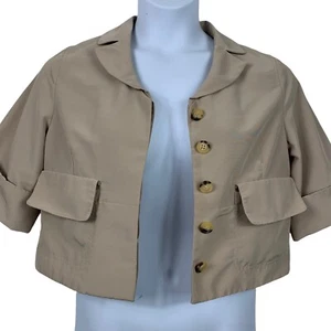 Red Valentino Size 8 US Crop Jacket Shrug 1/2 Sleeve Khaki Beige Button Up 42 - Picture 1 of 7