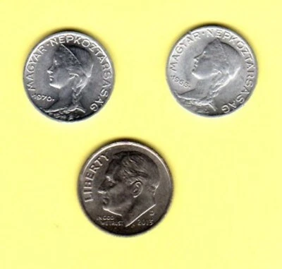 HUNGARY, 2 DIFFERENT 5 FILLER COINS, 1965 & 1970  KM549 L@@K!!! - Image 1 of 2